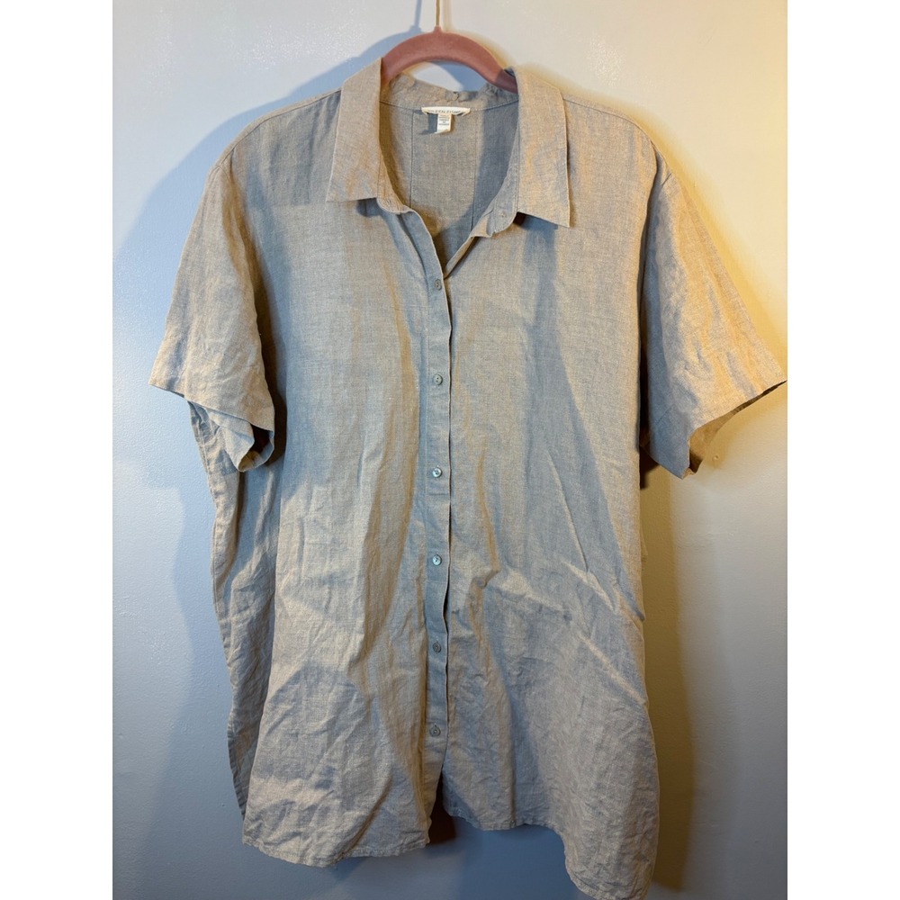 Eileen Fisher Beige Organic Linen Short Sleeve Button Up Blouse 1X‎